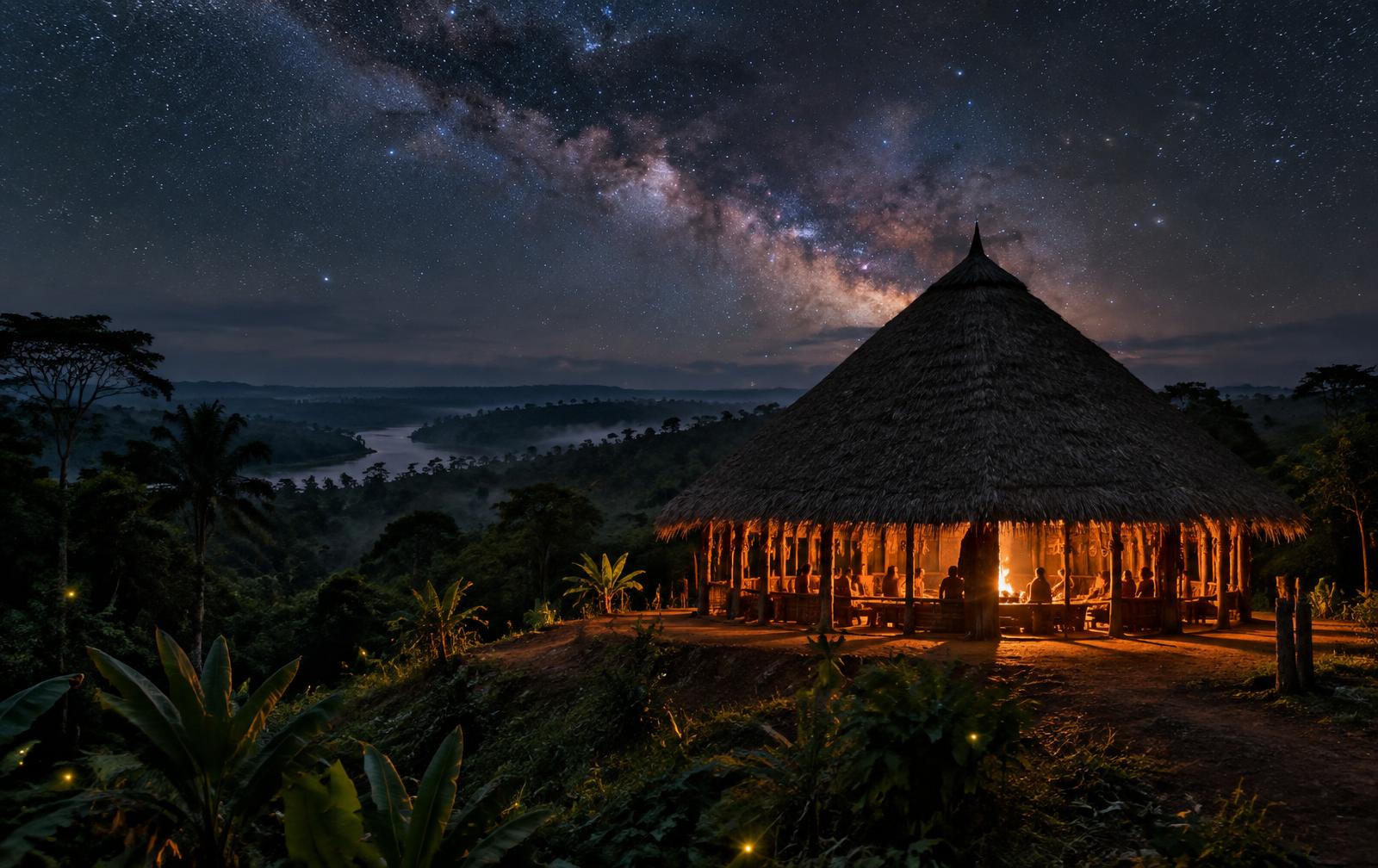 The maloca at night under the Milky Way